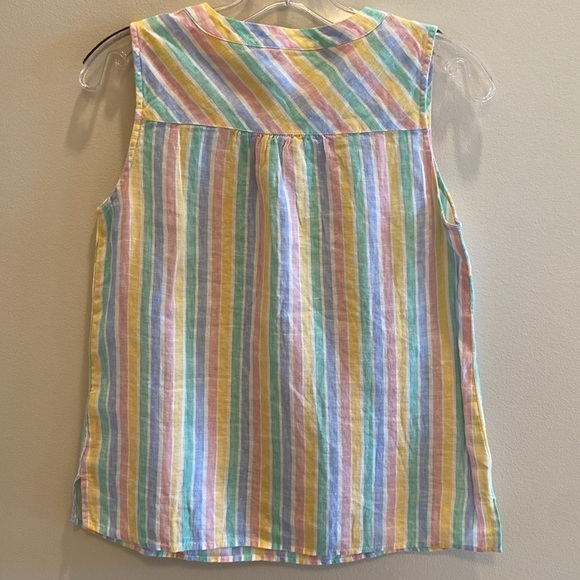 Talbots Linen crew split neck sleeveless pink blue green rainbow stripe tank P - Picture 5 of 7